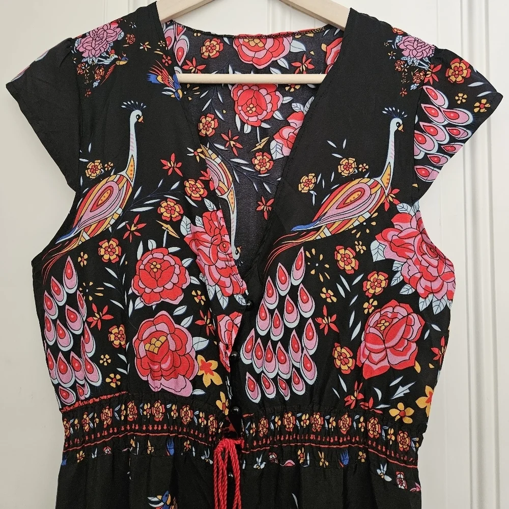 Wish V-Neck Peacock Floral Print Flare Sleeve Bohemian cotton blend Dress size S - Picture 5 of 13
